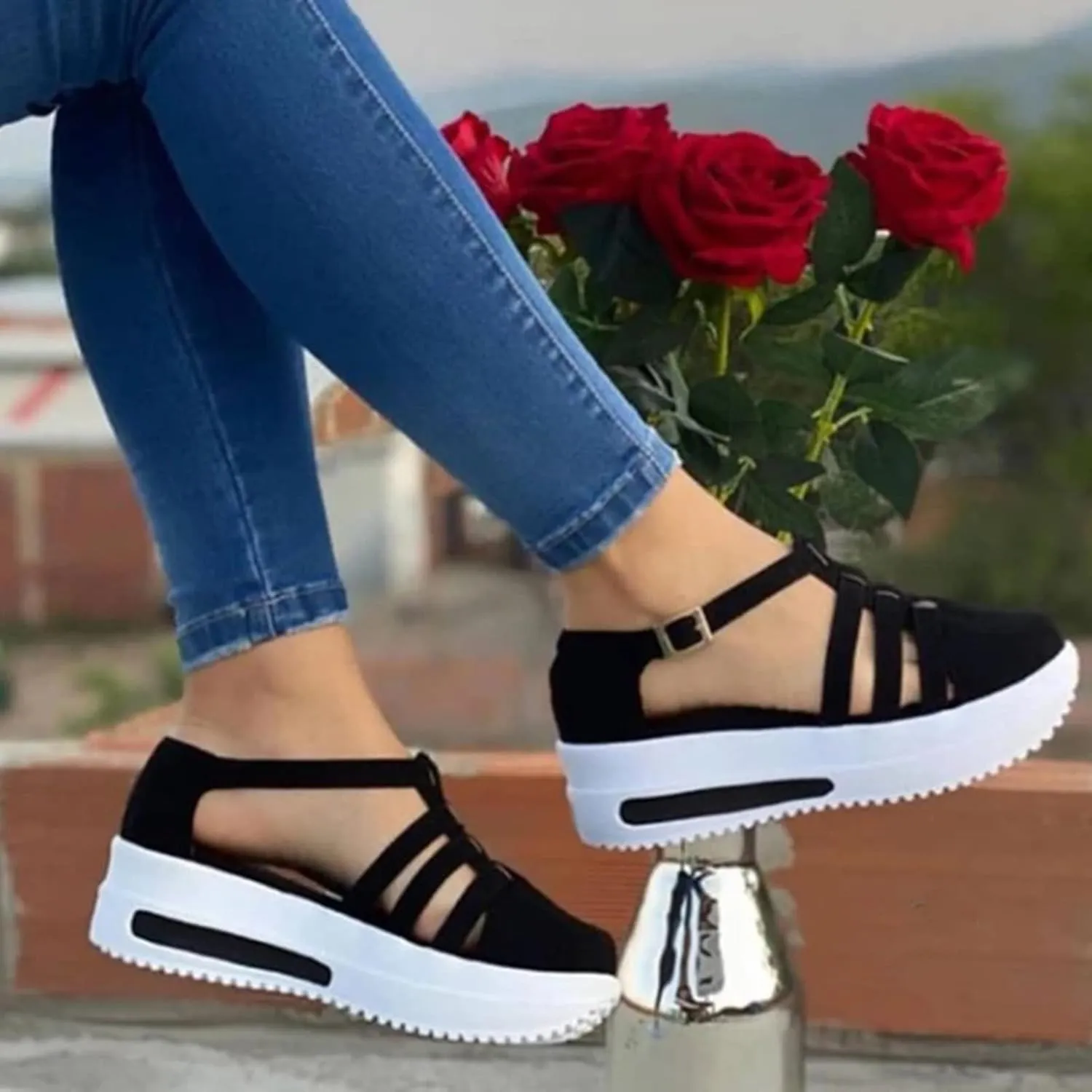 Aniywn Summer Sandals for Women,Ankle Buckle Strap Platform Wedge Sandal Shoes Hollow Out Ladies Cusual Sandals