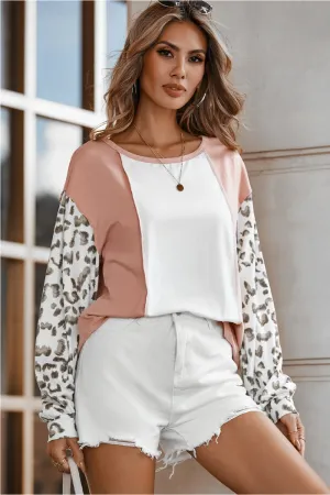 Apricot Colorblock Leopard Sleeve Patchwork Top