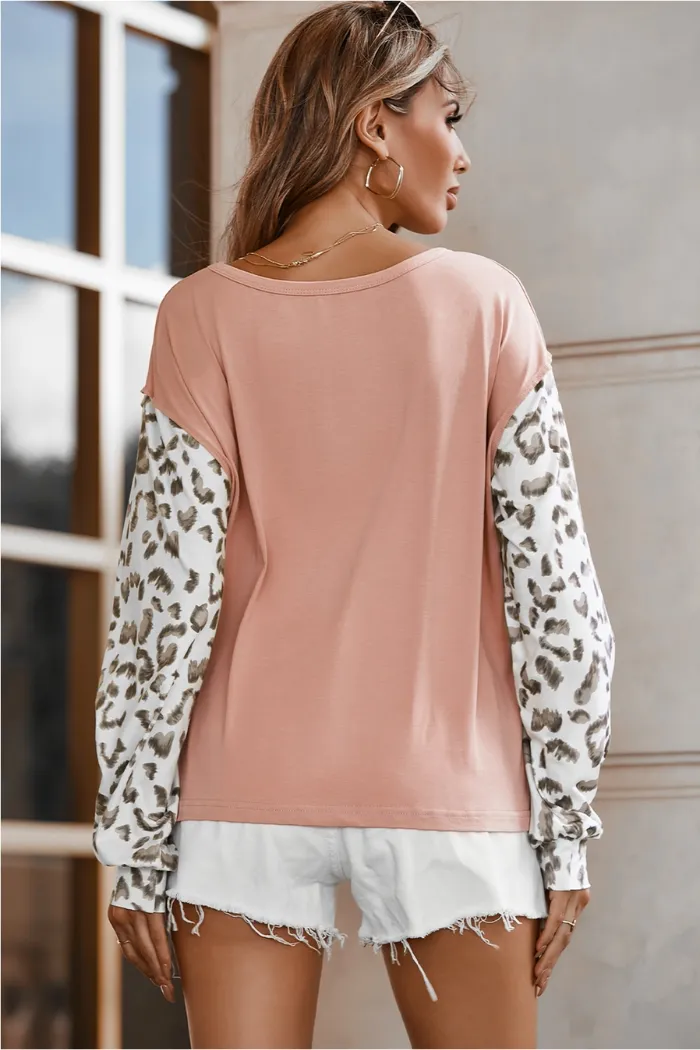 Apricot Colorblock Leopard Sleeve Patchwork Top