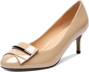AUMOTED Women Stiletto Heel Pumps Solid Closed Round Toe Buckle Bow Pumps Slip on Patent Heeled Ladies Office Classic Dress Shoes 2.5 Inches