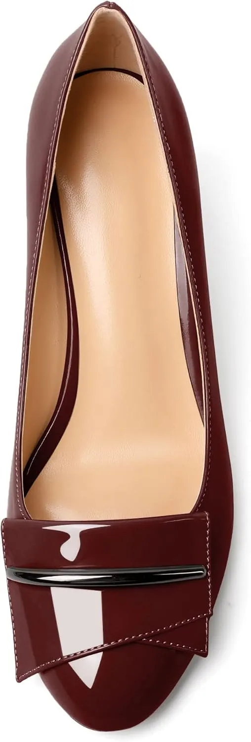 AUMOTED Women Stiletto Heel Pumps Solid Closed Round Toe Buckle Bow Pumps Slip on Patent Heeled Ladies Office Classic Dress Shoes 2.5 Inches