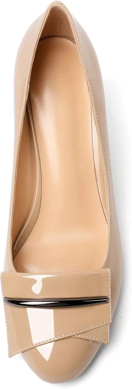 AUMOTED Women Stiletto Heel Pumps Solid Closed Round Toe Buckle Bow Pumps Slip on Patent Heeled Ladies Office Classic Dress Shoes 2.5 Inches