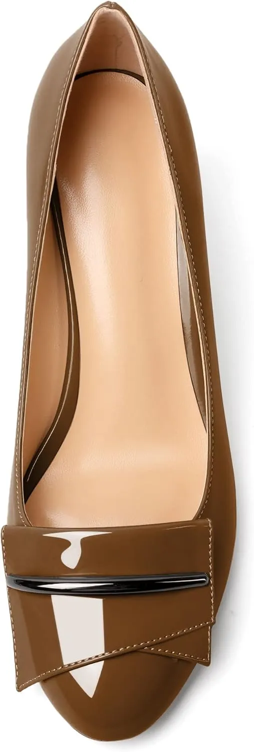 AUMOTED Women Stiletto Heel Pumps Solid Closed Round Toe Buckle Bow Pumps Slip on Patent Heeled Ladies Office Classic Dress Shoes 2.5 Inches