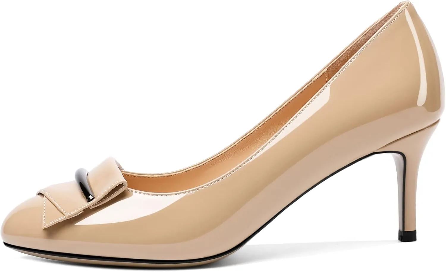 AUMOTED Women Stiletto Heel Pumps Solid Closed Round Toe Buckle Bow Pumps Slip on Patent Heeled Ladies Office Classic Dress Shoes 2.5 Inches