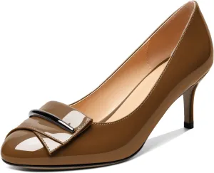 AUMOTED Women Stiletto Heel Pumps Solid Closed Round Toe Buckle Bow Pumps Slip on Patent Heeled Ladies Office Classic Dress Shoes 2.5 Inches