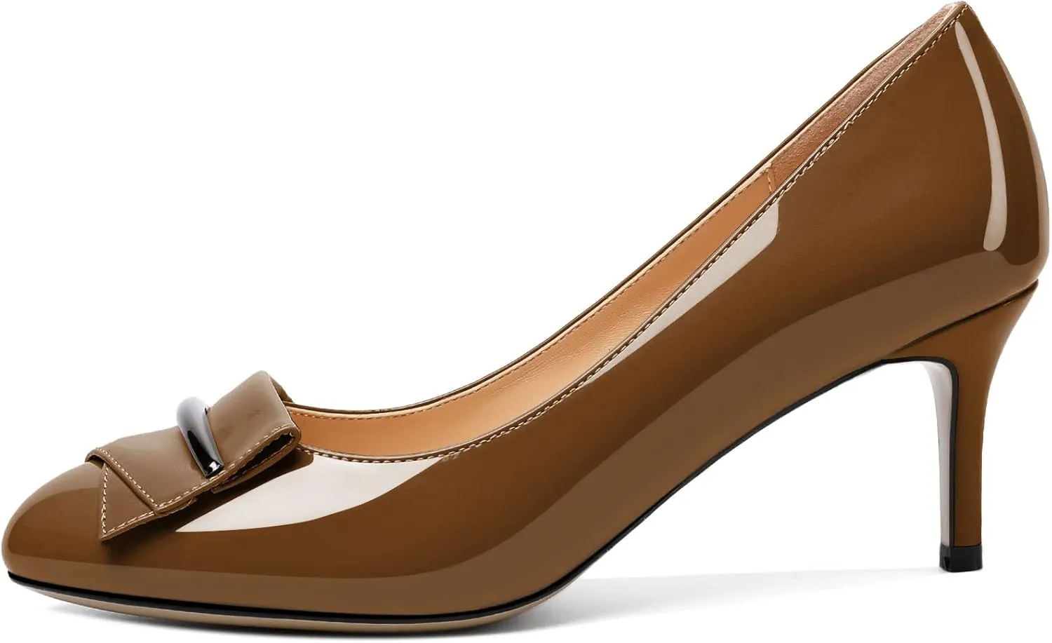 AUMOTED Women Stiletto Heel Pumps Solid Closed Round Toe Buckle Bow Pumps Slip on Patent Heeled Ladies Office Classic Dress Shoes 2.5 Inches