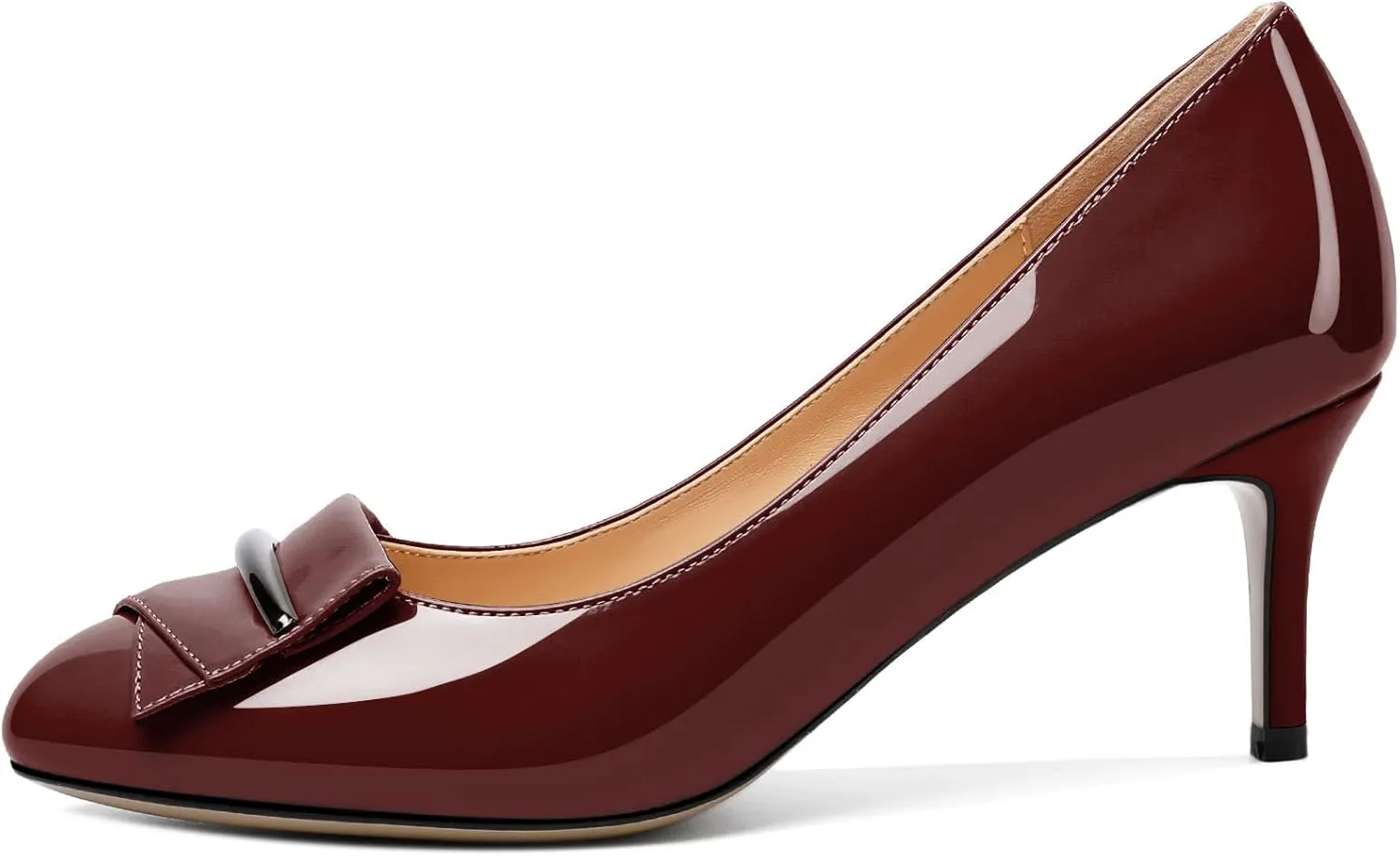AUMOTED Women Stiletto Heel Pumps Solid Closed Round Toe Buckle Bow Pumps Slip on Patent Heeled Ladies Office Classic Dress Shoes 2.5 Inches