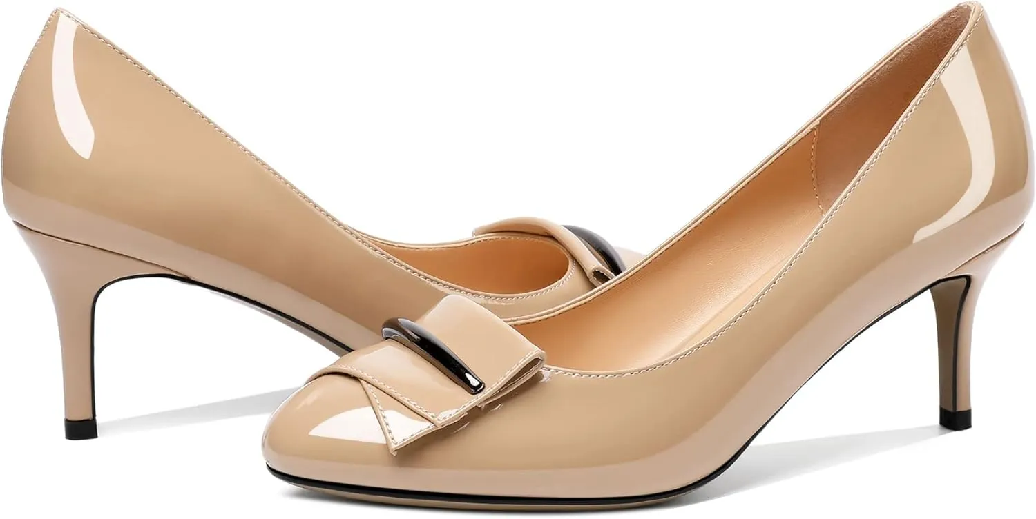 AUMOTED Women Stiletto Heel Pumps Solid Closed Round Toe Buckle Bow Pumps Slip on Patent Heeled Ladies Office Classic Dress Shoes 2.5 Inches