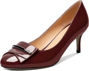 AUMOTED Women Stiletto Heel Pumps Solid Closed Round Toe Buckle Bow Pumps Slip on Patent Heeled Ladies Office Classic Dress Shoes 2.5 Inches