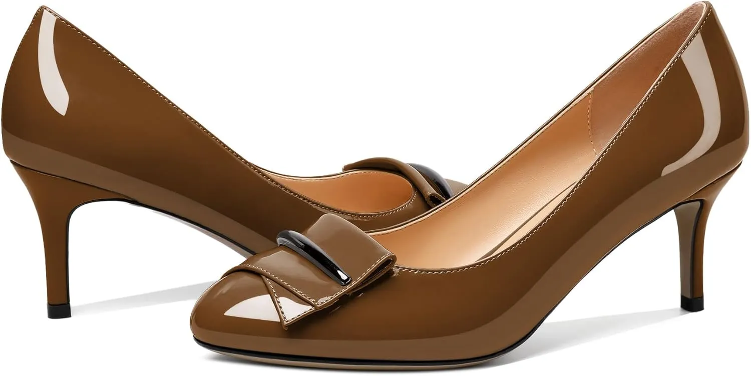 AUMOTED Women Stiletto Heel Pumps Solid Closed Round Toe Buckle Bow Pumps Slip on Patent Heeled Ladies Office Classic Dress Shoes 2.5 Inches