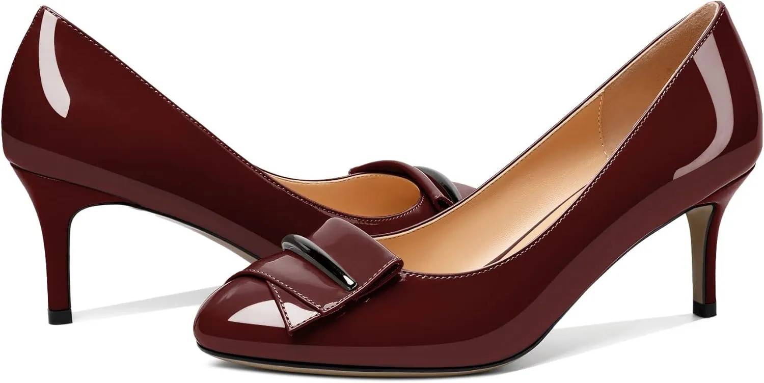 AUMOTED Women Stiletto Heel Pumps Solid Closed Round Toe Buckle Bow Pumps Slip on Patent Heeled Ladies Office Classic Dress Shoes 2.5 Inches