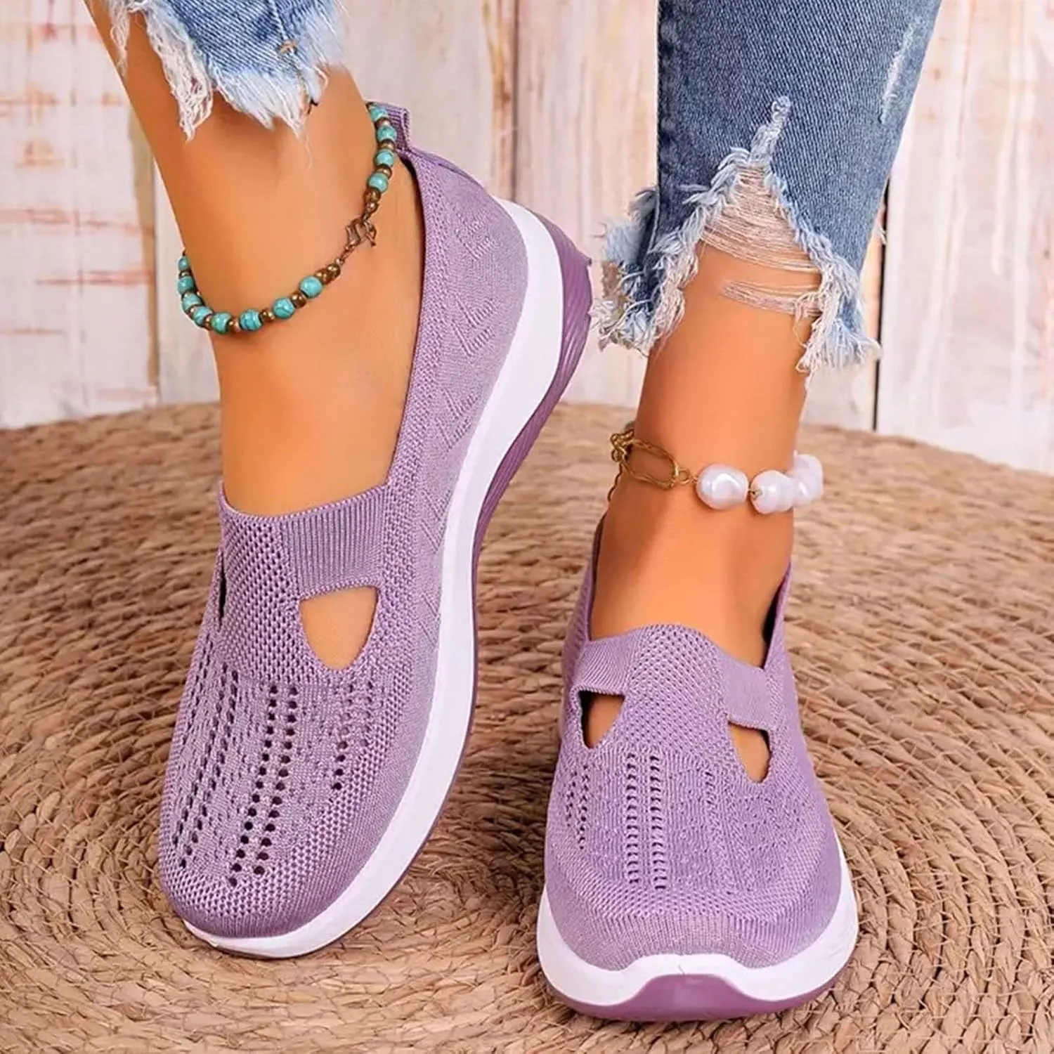 Cathalem Women's Slip on Sneakers Shoes Woven Orthopedic Breathable Soft Shoes Walking Diabetic Foam Shoes Hands Free Slip in