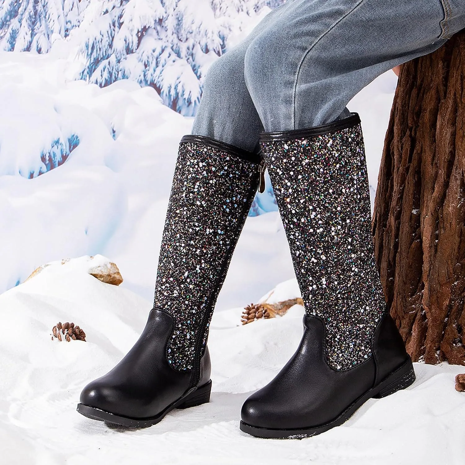 Girls Kids hinestone Mid Calf Riding Boots Sequin Fleece Plush Chunky Comfort Warm Lined Outdoor Girl Boots Size 1