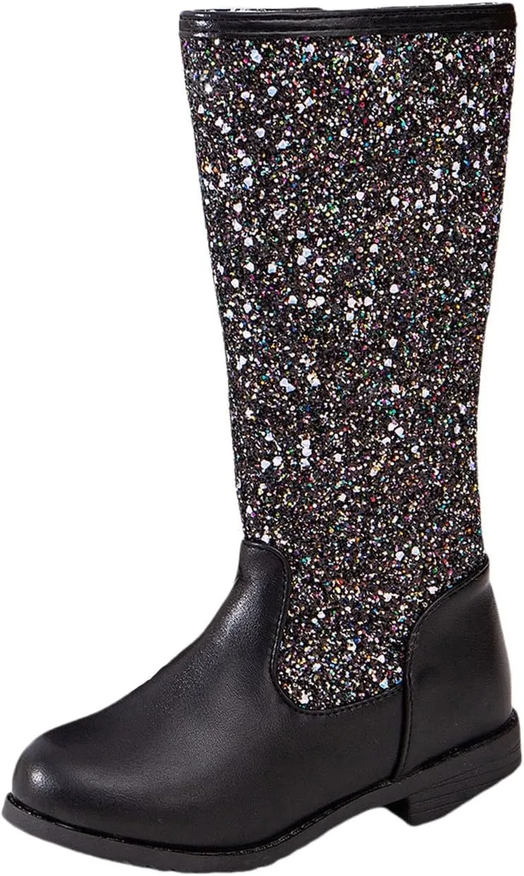 Girls Kids hinestone Mid Calf Riding Boots Sequin Fleece Plush Chunky Comfort Warm Lined Outdoor Girl Boots Size 1