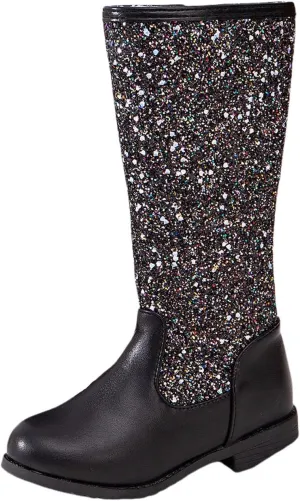 Girls Kids hinestone Mid Calf Riding Boots Sequin Fleece Plush Chunky Comfort Warm Lined Outdoor Girl Boots Size 1