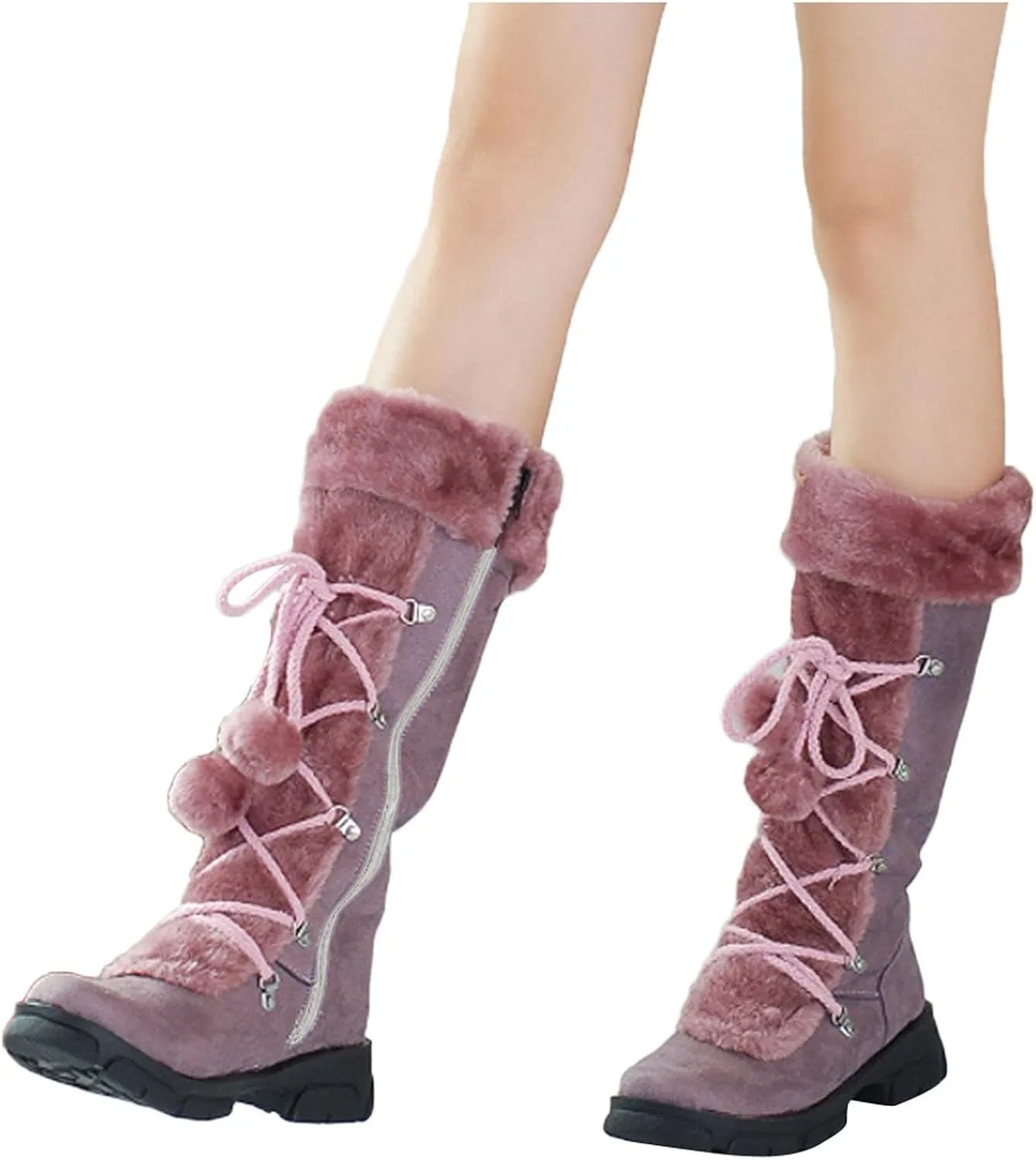Rain and Snow Boots for Women High Keep Booties Women Snow Hairball Heels Round Women's Boots High Boots Women