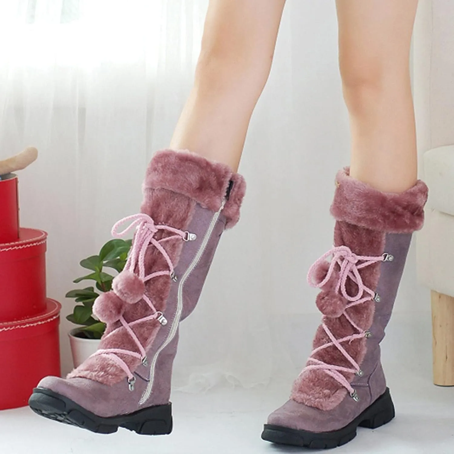 Rain and Snow Boots for Women High Keep Booties Women Snow Hairball Heels Round Women's Boots High Boots Women