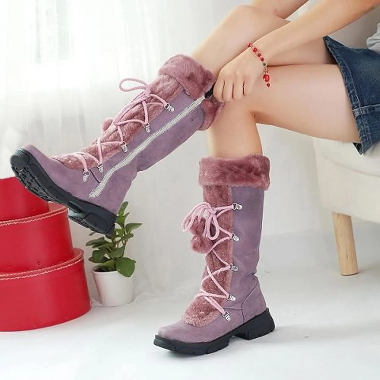 Rain and Snow Boots for Women High Keep Booties Women Snow Hairball Heels Round Women's Boots High Boots Women